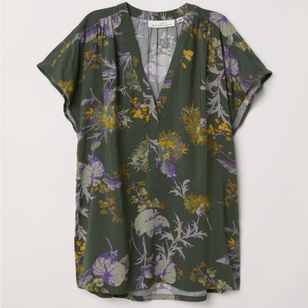 H&M Floral Cap Sleeve Blouse Size 8 NWT Olive‎ Green Boho Chic Earthy Minimalist